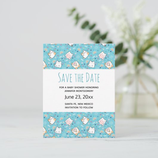 Niedlich Kitty Cat Pattern Whimsical Save the Date Einladungspostkarte (Stehend Vorderseite)
