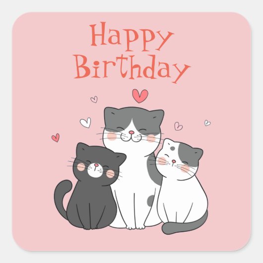 Niedlich Kitty Cat Pink Happy Birthday Quadratischer Aufkleber (Vorderseite)