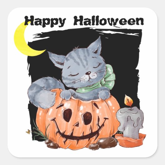 Niedlich Kitty Jack o' Lantern Kids Halloween Quadratischer Aufkleber (Vorderseite)