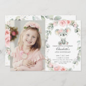 Niedlich Koala Rosa Blumengrün Geburtstagsgeschenk Einladung (Vorne/Hinten)