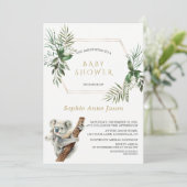 Niedlich Koala Watercolor Greenerity Gold Baby Dus Einladung (Stehend Vorderseite)