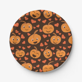 Niedlich lächelnde Kürbismuster mit Herzen Pappteller