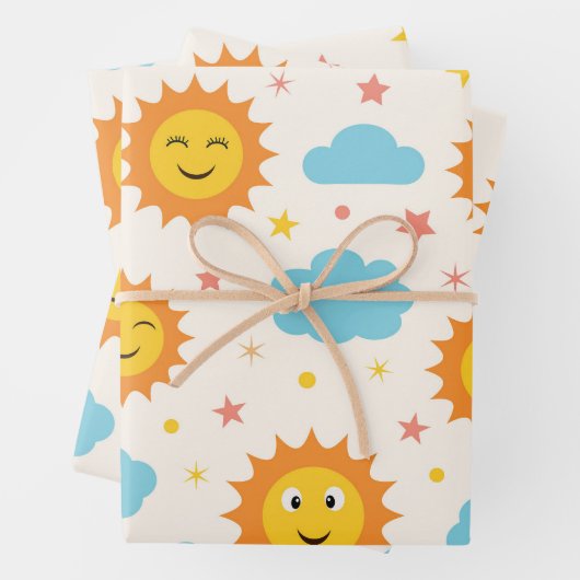 Niedlich Lächelnde Sonne mit Wolken und Sternen Pa Geschenkpapier Set (Beispiel)