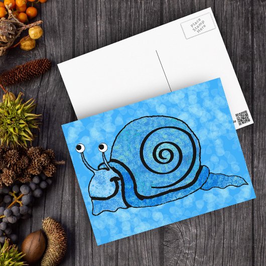 Niedlich Lächelnder Cartoon Blaue Schnecke Postkarte