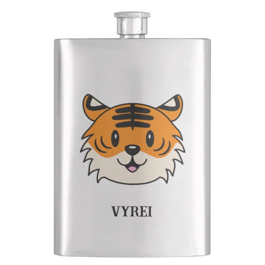 Niedlich Lächelnder Cartoon Tiger Flachmann (Vorderseite)