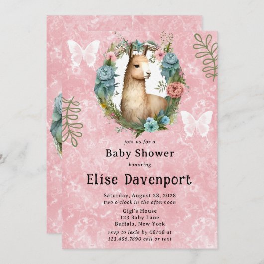 Niedlich Lama Succulent Floral Girl Babydusche Einladung (Vorne/Hinten)