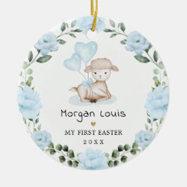 Niedlich Lamm Blue Floral Wreath Baby First Oaster Keramik Ornament