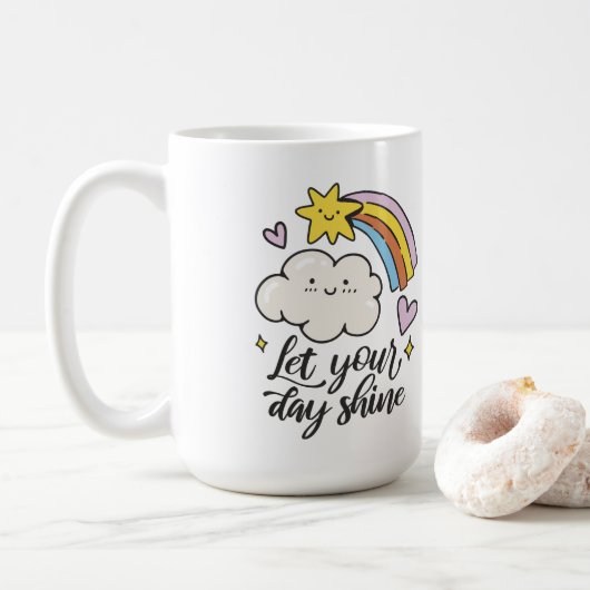 Niedlich Lass Your Day Shine Cartoon Cloud and Rai Kaffeetasse (Mit Donut)