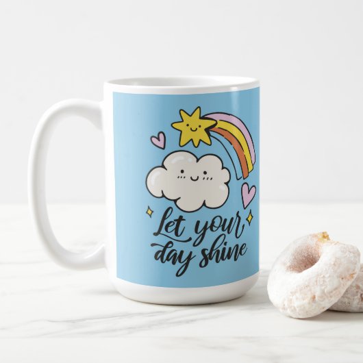 Niedlich Lass Your Day Shine Cartoon Cloud and Rai Kaffeetasse (Mit Donut)