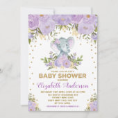 Niedlich Lavender Gold Floral Elephant Baby Dusche Einladung (Vorderseite)