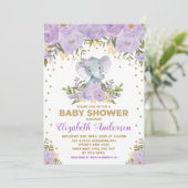 Niedlich Lavender Gold Floral Elephant Baby Dusche Einladung (Stehend Vorderseite)