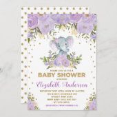 Niedlich Lavender Gold Floral Elephant Baby Dusche Einladung (Vorne/Hinten)