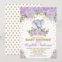 Niedlich Lavender Gold Floral Elephant Baby Dusche