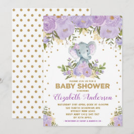 Niedlich Lavender Gold Floral Elephant Baby Dusche Einladung