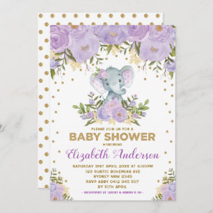 Niedlich Lavender Gold Floral Elephant Baby Dusche Einladung