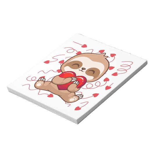 Niedlich Lazy Sloth Holding Heart Liebe Sloth Notizblock (Rotiert)