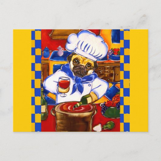 Niedlich Le Cafe Mops Koch Postkarte (Vorderseite)