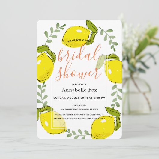 Niedlich Lemon Citrus White Bridal Dusche Einladun Einladung (Stehend Vorderseite)