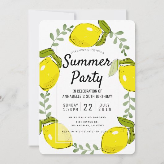 Niedlich Lemon Citrus White Summer Party Einladung (Vorderseite)