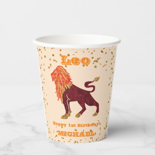 Niedlich Leo First Birthday & Gold Confetti Pappbecher (Vorderseite)
