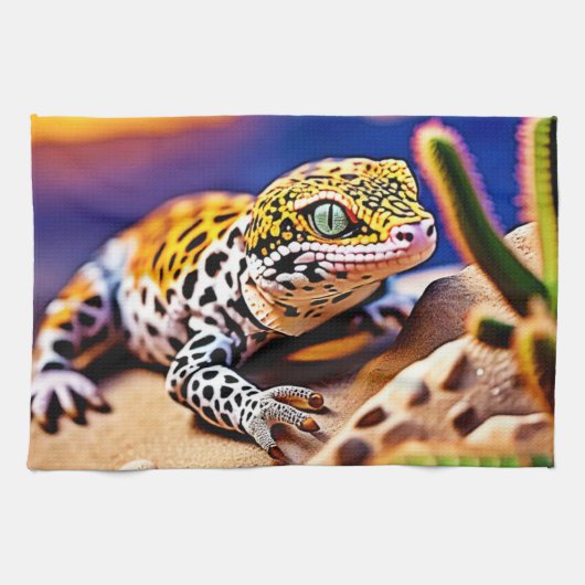 Niedlich Leopard Gecko Sunset Wüstendesign Geschirrtuch (Horizontal)
