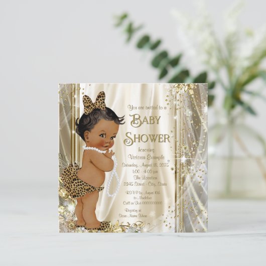 Niedlich Leopard Girly Ethnic Baby Girl Dusche Einladung (Stehend Vorderseite)