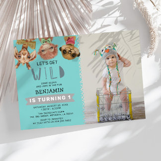 Niedlich Let's Get Wild Blue Jungle 1. Geburtstag Einladung
