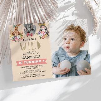 Niedlich Let's Get Wild Pink Jungle 1. Geburtstag Einladung