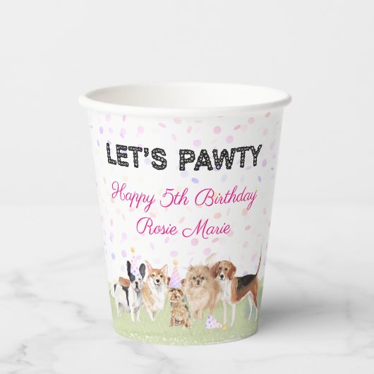 Niedlich Let's Pawty Pink Custom Hund Geburtstagsp Pappbecher (Vorderseite)