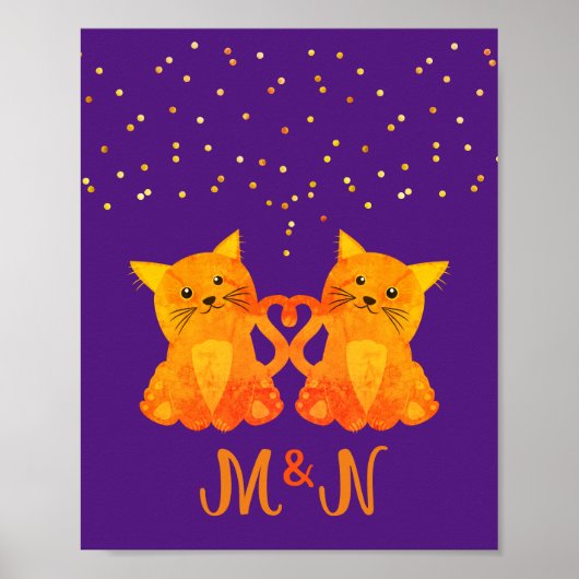 Niedlich Lila Orange Kitten Couple Two Monogram Poster (Vorne)