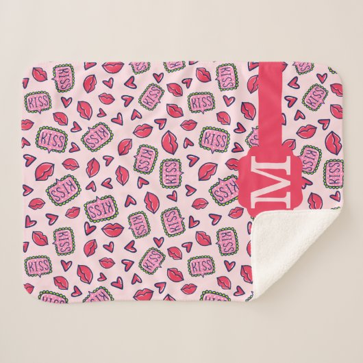 Niedlich Lips Kisses & Heart Doodles Muster Monogr Sherpadecke (Vorderseite (Horizontal))