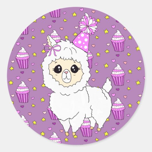 Niedlich Little Birthday Llama Lila Runder Aufkleber (Vorderseite)
