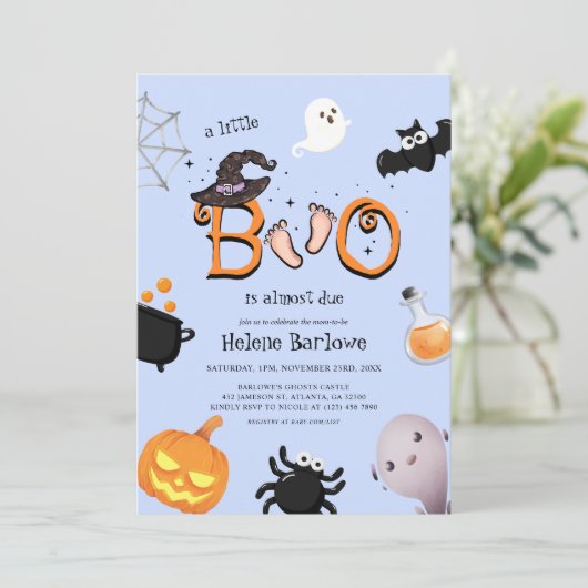 Niedlich Little Boo Halloween Kinderdusche Einladung (Stehend Vorderseite)