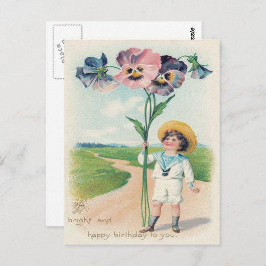 Niedlich Little Boy Pansy Stiefmütterchen Postkarte (Vorne/Hinten)