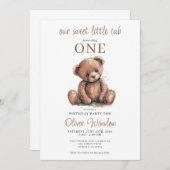 Niedlich Little Cub Watercolor Teddy Bär 1. Geburt Einladung (Vorne/Hinten)