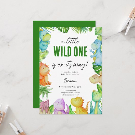 Niedlich Little Dino Baby Dusche Einladung (Vorderseite/Rückseite Beispiel)