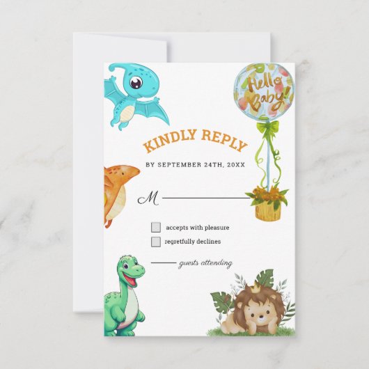 Niedlich Little Dino Baby Dusche RSVP Karte (Vorderseite)