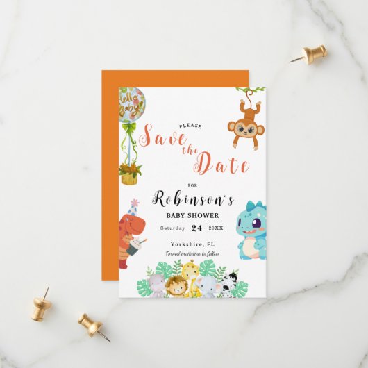 Niedlich Little Dino Baby Dusche Save The Date (Vorderseite/Rückseite Beispiel)