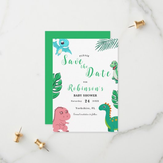 Niedlich Little Dino Baby Dusche Save The Date (Vorderseite/Rückseite Beispiel)