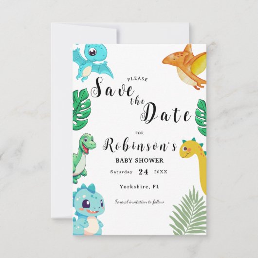 Niedlich Little Dino Baby Dusche Save The Date (Vorderseite)