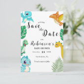 Niedlich Little Dino Baby Dusche Save The Date (Stehend Vorderseite)