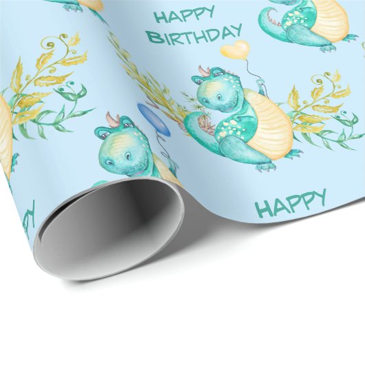 Niedlich Little Dinosaur Geburtstag Geschenkpapier (Rolleneckpunkt)