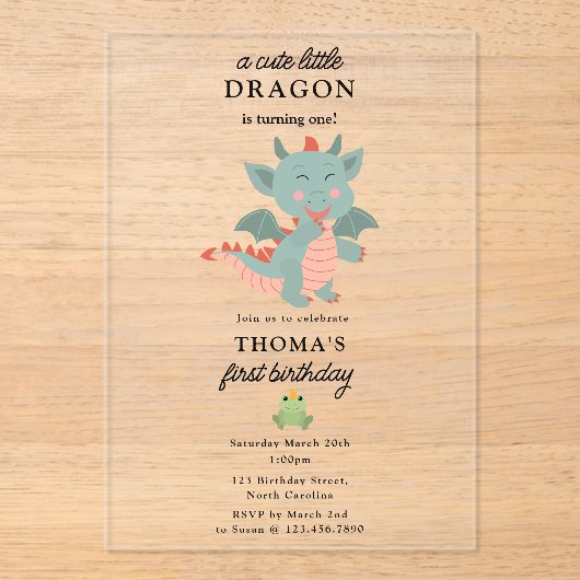 Niedlich Little Dragon Boy Kindergeburtstag Party Acryleinladungen (Vorderseite)