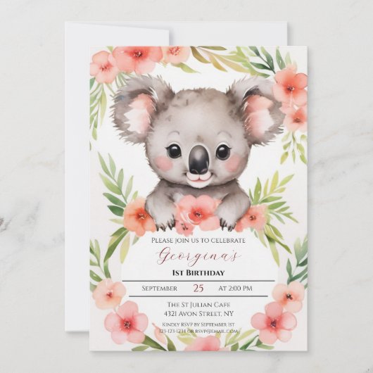 Niedlich Little Floral Koala Girl Geburtstag Einladung (Vorderseite)