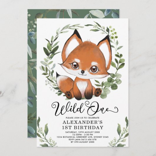 Niedlich Little Fox Wild One Woodland 1. Geburtsta Einladung (Vorne/Hinten)