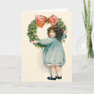 Niedlich Little Girl Holly Wreath Pink Bow Feiertagskarte