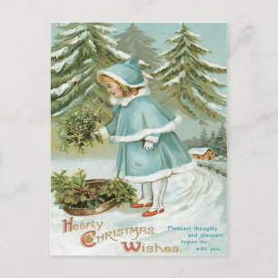 Niedlich Little Girl Picking Holly Snow Postkarte