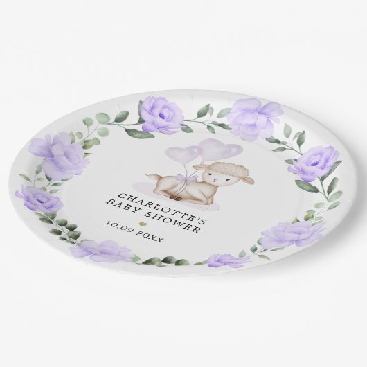 Niedlich Little Lamb Lila Blumengrün Baby Girl Pappteller (Schrägansicht)