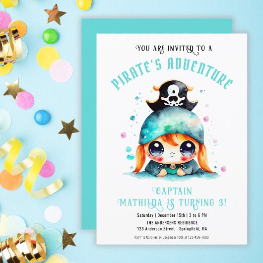 Niedlich Little Pirate Girl Turquoise Geburtstag D Einladung