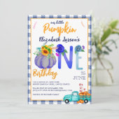 Niedlich Little Pumpkin Birthday Blue LKW Thema Einladung (Stehend Vorderseite)